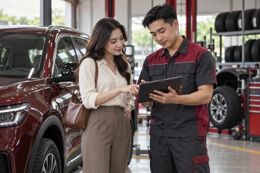 Kỹ thuật viên trao đổi hồ sơ dịch vụ với khách hàng sau khi chăm sóc xe