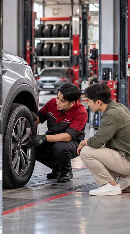 Kỹ thuật viên kiểm tra bánh xe cùng khách hàng