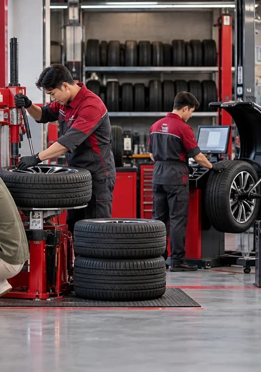 Kỹ thuật viên thực hiện dịch vụ lốp trong xưởng